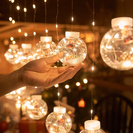 Lâmpada de cortina led metas de desejo de natal, boneco de neve árvore de natal janela festivais decoração linha de cobre luz bola corda